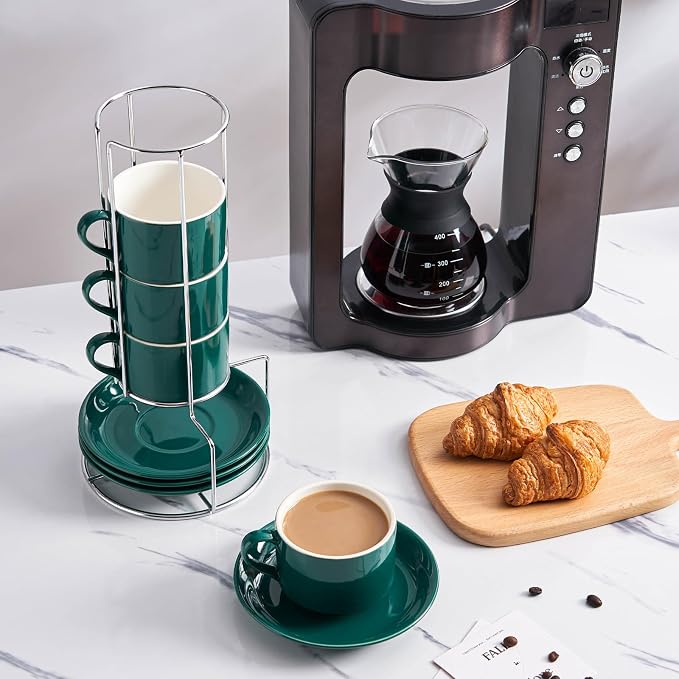 8oz Porcelain Cappuccino Cups with Saucers and Metal Stand, Stackable Coffee Cups for Specialty Coffee Drinks, Cappuccino, Latte, Espresso, Americano and Tea - Cups Set of 4, Green