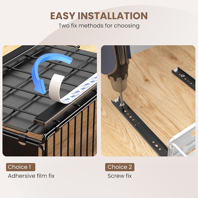 2 Pack Pull Out Cabinet Organizer, Heavy Duty Slide Out Drawer with No Drill Adhesive or Screw Mount, Carbon Steel Roll Out Shelf for Kitchen Cabinet, Pantry & Bathroom Storage