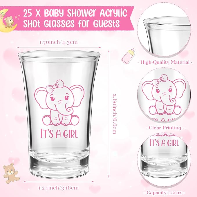 Pickmesh 25 Sets Baby Shower Shot Glasses for Guests Include Acrylic Clear Shot Glasses Thank You Cards Organza Bags Babies Shower Gifts for Gender Reveal Party Supplies (Elephant Girl)