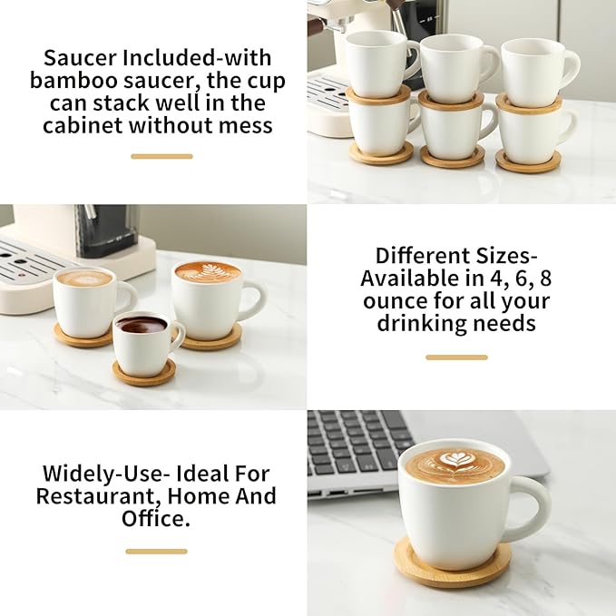 HASENSE 8 oz Cappuccino Cups with Saucers set of 6, Porcelain Coffee Mugs Latte Mugs with Handle Perfect for Double Shot, Americano, Milk and Tea, White