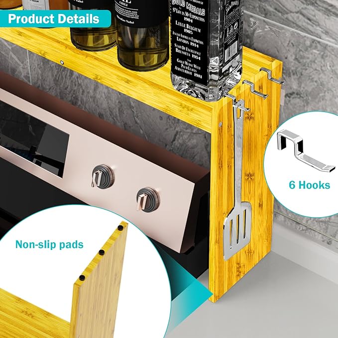 NKM bamboo spice rack,stove top shelf,over the stove shelf for back of stove,kitchen counter shelf for spice organization