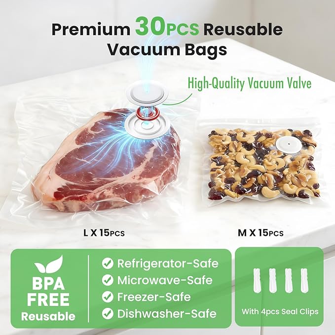 Compact Vacuum Sealer Machine 1500mAh Battery, Handheld Food Sealer with 30 Reusable Bags, 60kPa Suction & USB-C Charging, Portable Vacuum Sealer for Dry/Moist/Canister/Wine