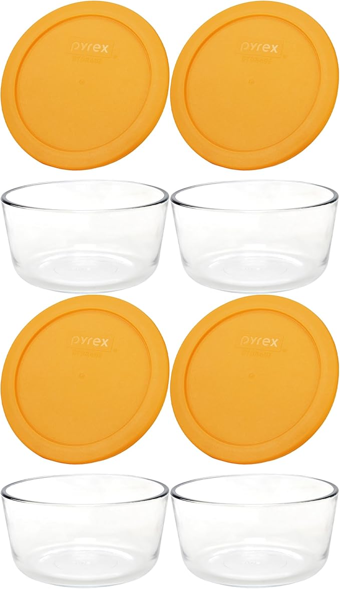 Pyrex 7201 4-Cup Glass Bowl & 7201-PC Lemondrop Yellow Lid (4-Pack) - Made in USA