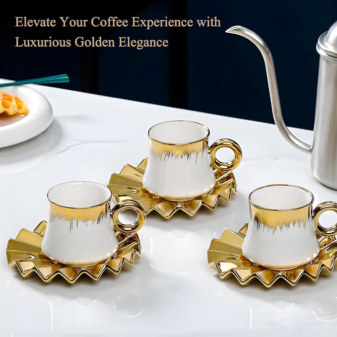 Coffee Cup Set of 6 with Saucers, 3.5 OZ Ceramic Espresso Cups, Demitasse Turkish Coffee Cup Gift for Double Shot, Latte, Cafe Mocha, Dishwasher & Microwave Safe, Deco Golden