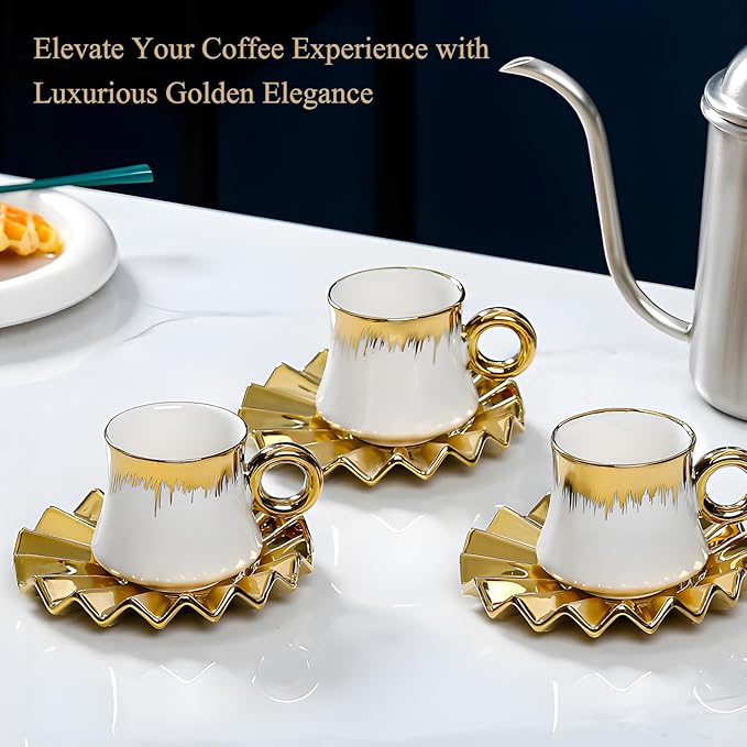 3.5oz Ceramic Turkish Coffee Cup Set of 6, Porcelain Espresso Cups and Saucers British Italian Cappuccino Cups with Gold Trim for Double Espresso Cappuccino Latte Mocha Tea (White)
