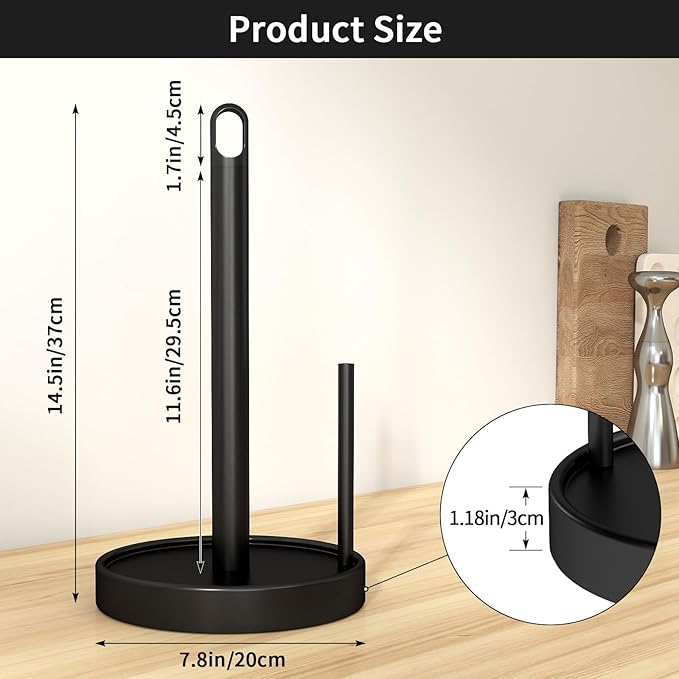 STWWO Paper Towel Holder Countertop, Black Paper Towel Holder with Anti Slip Weighted Base, Stainless Steel Heavy Duty Freestanding Papertowel Holder for Bathroom, Kitchen Roll Holder