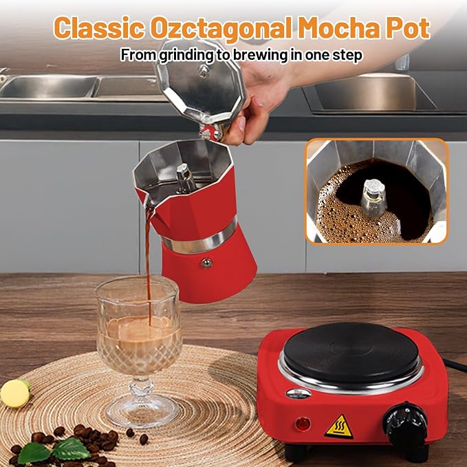 2-in-1 Aluminum Moka Pot Set with Electric Stove Classic Stovetop Espresso Coffee Maker 150ml 5oz Mocha Express Portable Gift Camping Travel Preferred Cafe Italian Cuban Café Brewing 3 Cup