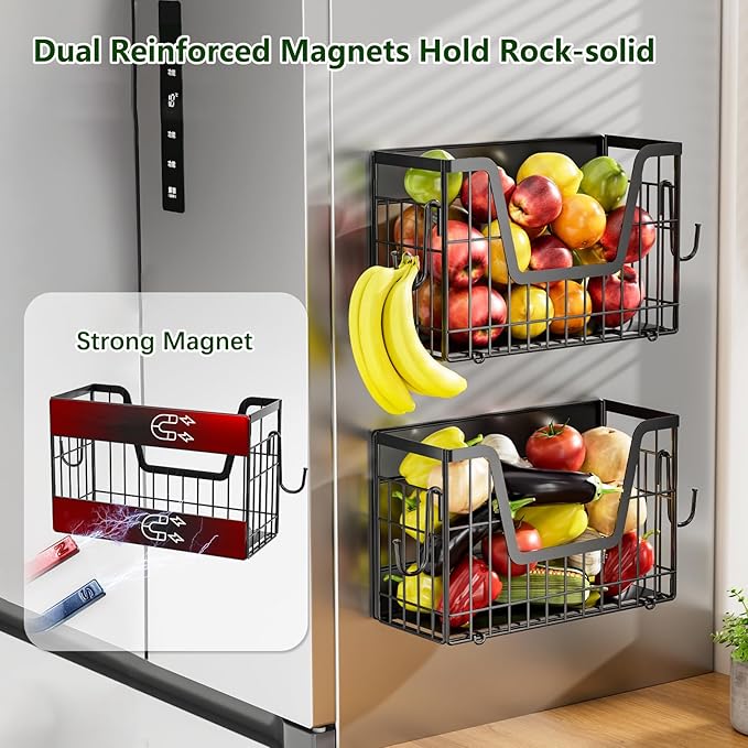 2 Pack Magnetic Shelves for Washing Machine, 15LB Heavy Duty Laundry Organizer, Large Capacity Collapsible Deep Baskets, No Assembly Organizer with Hooks, for Fridge, Dryer, Kitchen Spice Rack
