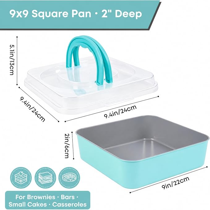 9 Inch Square Cake Pan with Snap-Lock Lid, Nonstick Carbon Steel Brownie Pan with Foldable Handle, PTFE & PFOA Free, for Brownies Bars Casseroles