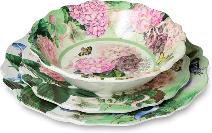 Garden Path Melamine 12-Piece Dinnerware Set - Hydrangea Design, Service for 4 with Dinner Plates, Salad Plates, and Bowls - Durable, Lightweight, and Dishwasher-Safe