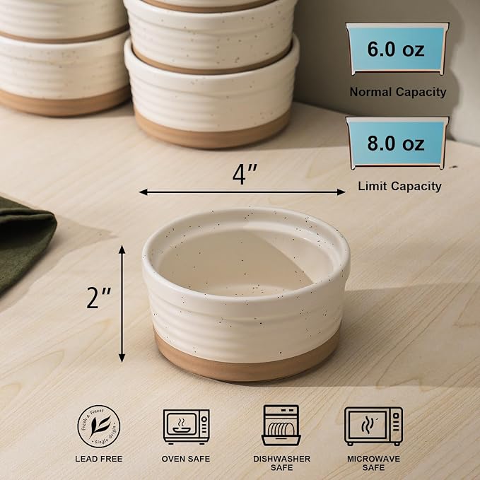 Frewinky Ceramic Ramekins 8 oz Set of 6 for Creme Brulee and Custard Cups | 8 oz ceramic ramekins for creme brulee, custard, pudding and individual desserts, with an oven-safe, stackable design.