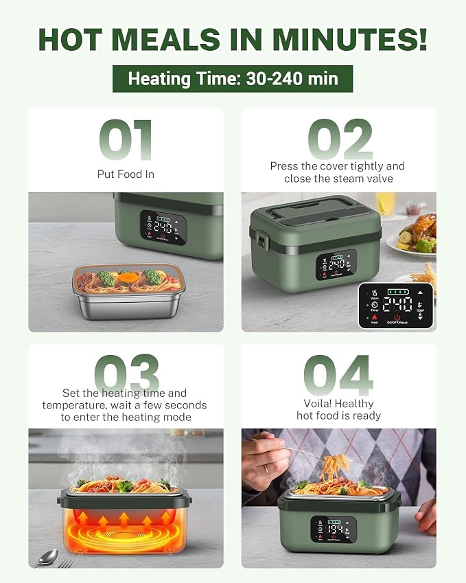 ODSD Cordless Electric Lunch Box for Adults, 16000mAh Rechargeable Self-Heating Lunch Box Food Warmer with Timer & Adjustable Heating, 34oz/1L Container with Insulated Bag for Office Car Outdoor