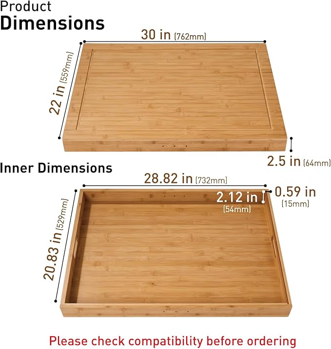 Bamboo Stove Cover for Gas & Electric Burners, 28.82”x20.83”x2.12'' (Inner) Noodle Board with Handles, Cutting Board with Juice Groove, Serving Tray (Natural Bamboo)