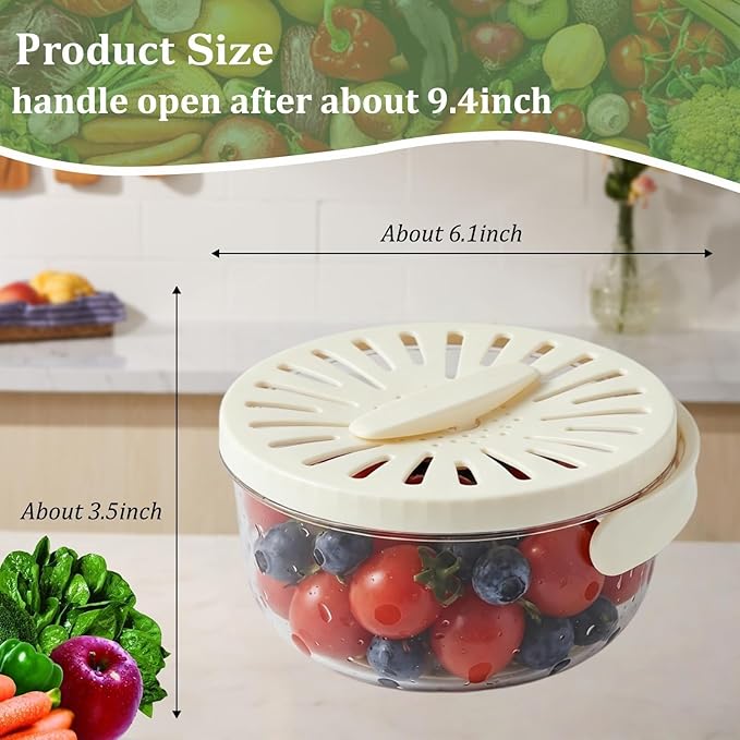 2Pcs Multifunctional Fruit Washing Bowl with Strainer, 2 in 1 Drain Basket and Fruit Strainer Container with Lid, Fruit Washer Bowl for Kitchen, Fridge, Picnic & Camping (1QT+1QT)