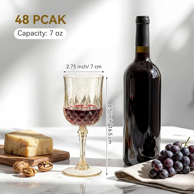Sliner 48 Pcs 7oz Plastic Vintage Wine Glasses Drinking Goblets Unbreakable Crystal Water Glassware Reusable Diamond Champagne Flutes Cups for Wedding Banquet Birthday Party Supplies (Gold Glitter)