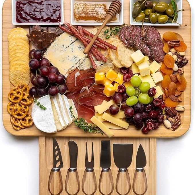 Charcuterie Boards，Cheese Board in cludes 6 Cheese Knives, 3 Seasoning Plates, with Platter and Drawer, Matching for Gatherings, Outing Door Use