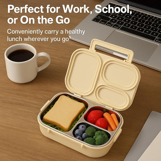 304 Stainless Steel Lunch Box for Work & Travel, 3-Compartment Leakproof Food Container, Healthy Eating & Portion Control, Safe for Home Use, Portion Control for Healthy Eating (Yellow 3 grids)