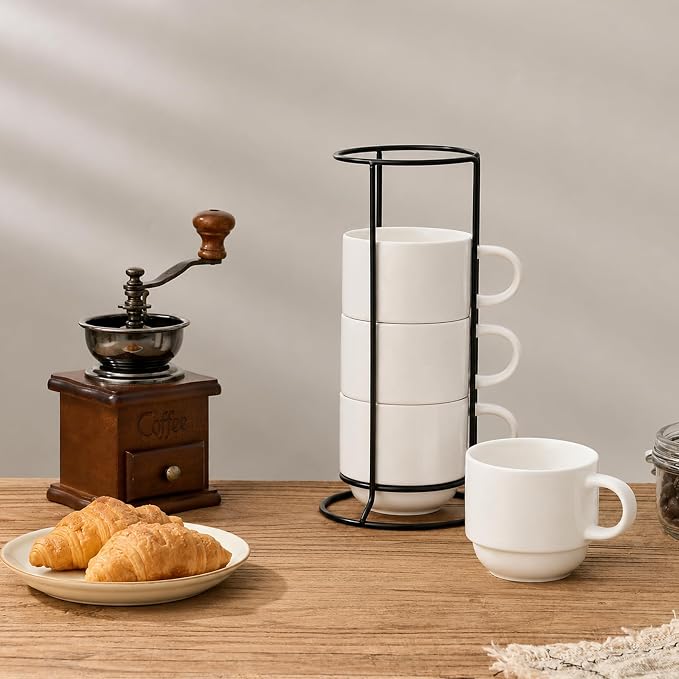 YHOSSEUN Porcelain Coffee Mug Set of 4, Stackable Coffee Mugs with Metal Stand & Spoons, 11 Oz Espresso Coffee Cups Mug Set for Americano, Chocolate Drinks, Milk, Tea, White