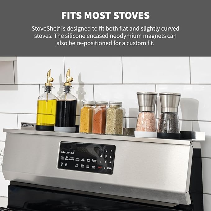 Stoveshelf Stainless Steel Stove Shelf Decor Set - 30" Magnetic Shelf for Stove, Oil & Vinegar Dispensers, Glass Bottles - Kitchen Stove Storage Solution