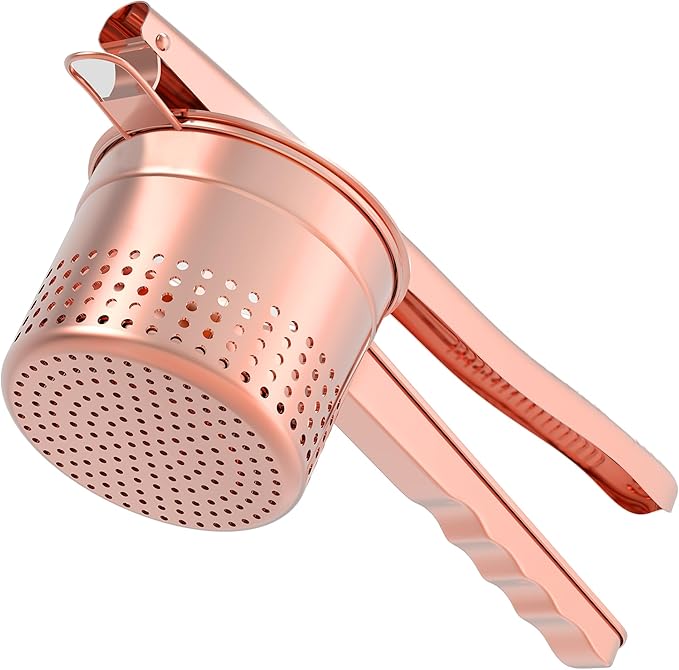 GloTika Large 15oz Potato Ricer Masher, Heavy Duty Stainless Steel Potato Masher with Ergonomic Handle, Masher and Ricer Kitchen Tool for Mashed Potatoes, Noodle Maker, Rose Gold