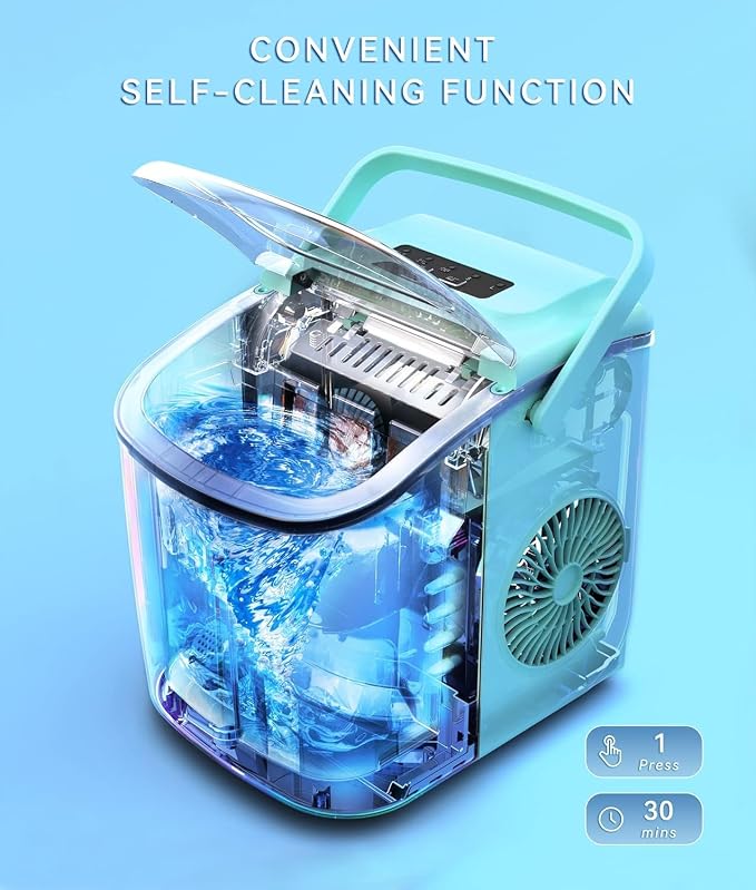 ecozy Portable Ice Maker Countertop, 9 Cubes Ready in 6 Mins, 26 lbs in 24 Hours, Self-Cleaning Machine with Ice Bags/Standing Ice Scoop/Ice Basket for Kitchen Office Bar Party, Aqua