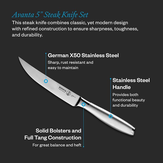 Messermeister Avanta Forged 5” Fine Edge Steak Knife Set - German X50 Stainless Steel - Rust Resistant & Easy to Maintain - Includes 4 Steak Knives