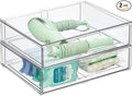 mDesign Wide Plastic Stackable Bathroom Storage Organizer Bin with Pull Out Drawer for Cabinet, Vanity, Shelf, Cupboard, Cabinet, Countertop, Closet Organization - Lumiere Collection - 2 Pack - Clear