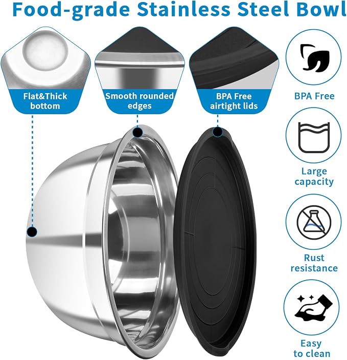 Stainless Steel Mixing Bowls with Lids Set, 7 Pcs Nesting Design Metal Mixing Bowls Salad Bowl for Mixing, Prepping and Serving Food(Size4.5-0.7QT)