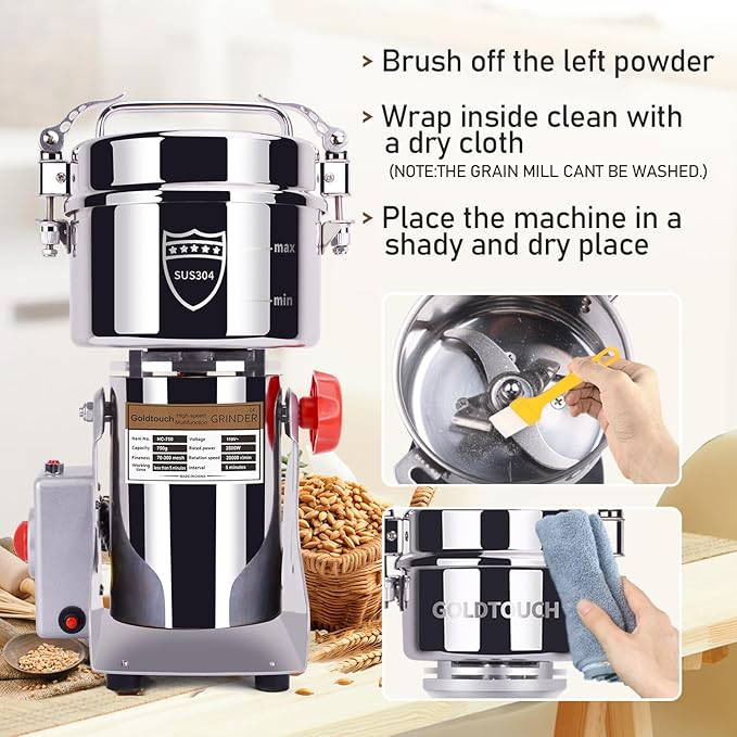 Goldtouch 750g Grain Mill Grinder 2800W Electric Stainless Steel Grain Grinder High-Speed Pulverizer Powder Machine for Dry Wheat, Oats, Corn, Pepper and Coffee Beans (750g Swing Type)