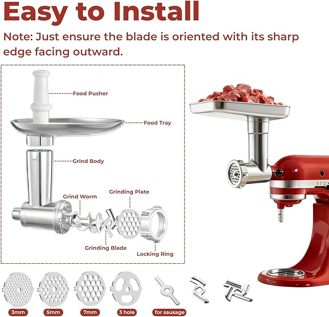Stainless Steel Meat Grinder & Meat Tenderizer Attachments Compatible with KitchenAid Stand Mixer, 3 Adjustable Thickness - Includes 4 Grinding Plates, 3 Sausage Stuffer Tubes & Burger Press