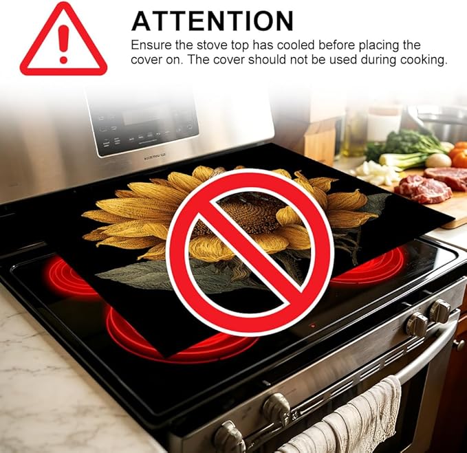 Stove Top Cover for Electric Stove 28.4 x 20.5 Inch Non Slip Stove Mat Oil Proof Sunflower Bee Glass Cooktop Protector Kitchen Counter Mat