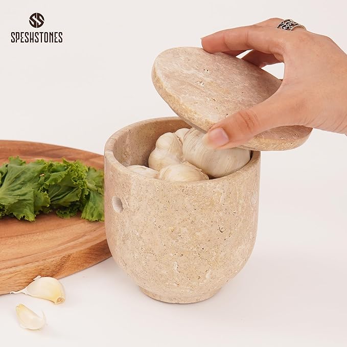 Marble Garlic Keeper 4.5 Inch Handmade Travertine Garlic Holder for Counter & Fresh Garlic Cloves, Storage Container for Gifts, Garlic Saver for Kitchen Countertop Decor