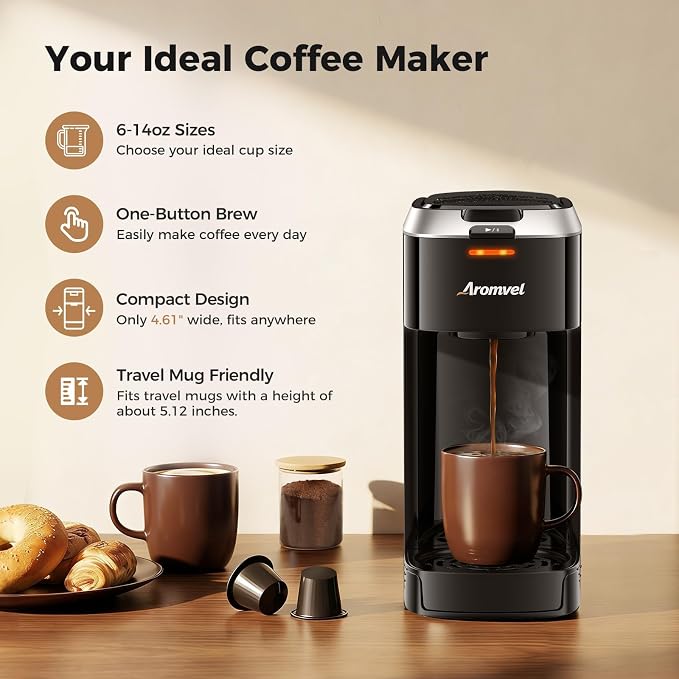 Single Serve Coffee Maker for K Cup Pods, One Button Coffee Maker, 6-14oz Brew Sizes, Fits Travel Mug, Compact for Small Kitchen, Office, Dorm, RV, Silver