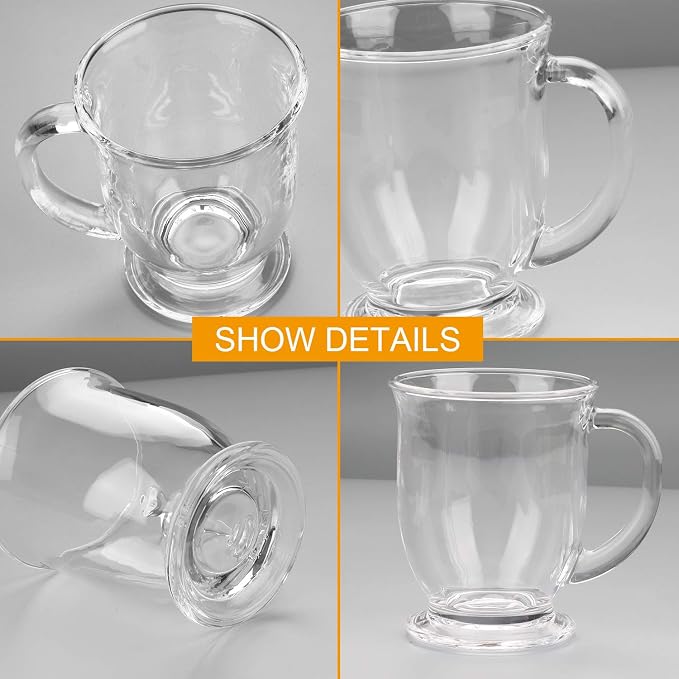 Coffee Mugs Set of 8, Clear Large Coffee Mug 15 OZ With Handles，Transparent Tea Cup for Hot/Cold Beverages, Glassware Set for Americano, Latte, Cappuccino