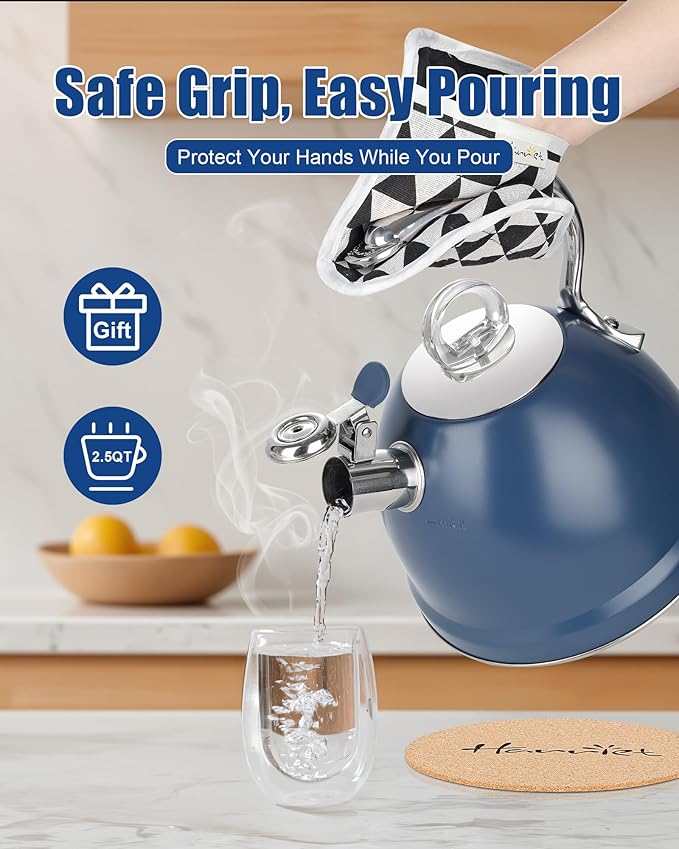 Harriet Tea Kettle Stovetop, 2.5 Quart Whistling Stainless Steel Tea Pot, 3-Layer Base, Unique Ergonomic Handle, Includes Pot Holder & Mat, Electric/Induction/Gas Stovetops Applicable, Blue