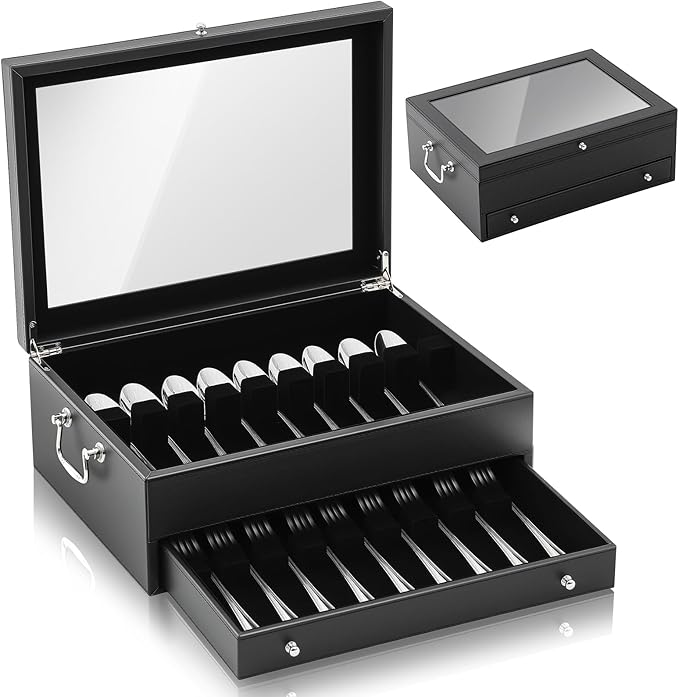 DoubleFill 2 Layer Leather Silverware Storage Box with Lid and Handles, Anti Tarnish Silverware Storage Chest Case with Felt-lined for 12-16 or More Sets of Utensils Flatware Gifts, 15.3x11.2x5.7 Inch