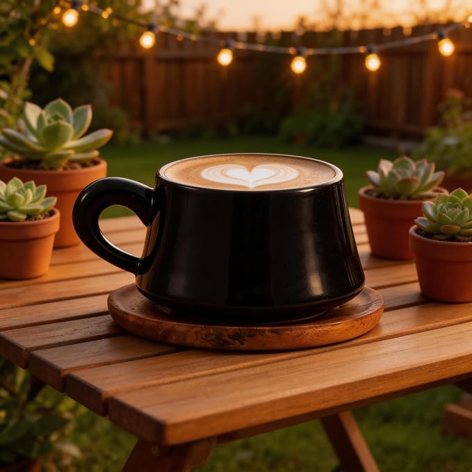 Black Cappuccino Mug and Wood Saucer - 7 oz Ceramic Coffee Cup with Saucer | Microwave Dishwasher Safe | For Tea, Espresso, Latte | Porcelain Cup Set for Kitchen Cafe | Great Gift