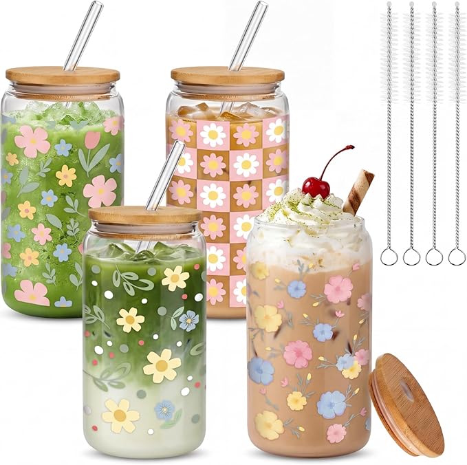 Mumufy 4 Pack Wildflower Glass Cups Gift Aesthetic Cute Glass Cup Tumbler Flower Iced Coffee Mugs 16 oz with Bamboo Lid & Straw, for Wedding Birthday Bridesmaid Mom Baby Shower