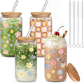 Mumufy 4 Pack Wildflower Glass Cups Gift Aesthetic Cute Glass Cup Tumbler Flower Iced Coffee Mugs 16 oz with Bamboo Lid & Straw, for Wedding Birthday Bridesmaid Mom Baby Shower