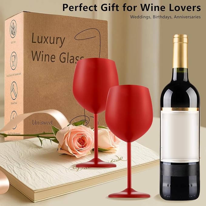 UNISWEET Stainless Steel Wine Glasses Set of 4 Unbreakable Wine Glass 18 oz Unique Metal Wine Goblets for Outdoor, Travel, Camping, Pool, Ideal Gift for Wine Lovers (Matte-Red)
