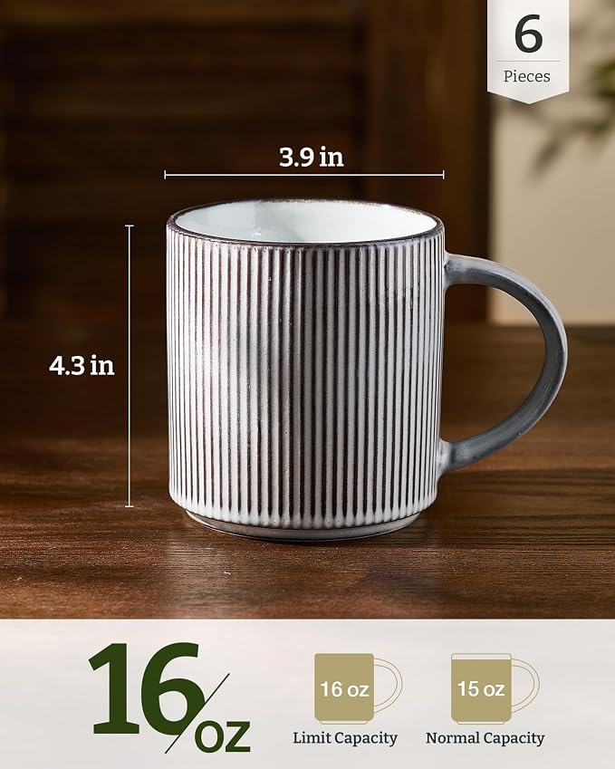 famiware Coffee Mug Set for 6, Star 16 oz Catering Mugs Cup Set with Handle for Coffee, Tea, Cocoa, Milk - Ceramic Stoneware Drinkware Set, Smoky Blue