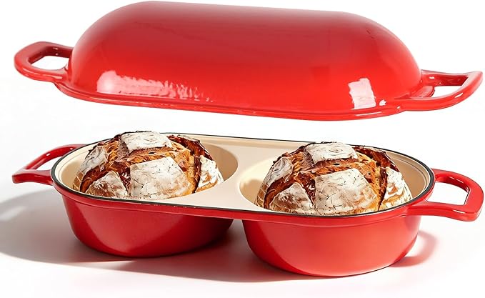 Double Dutch Oven for Bread Baking, Ideal for Family Daily Baking | Enameled Cast Iron Bread Pan with Lid, 2-Slot Mini Loaf Design (16.5cm Each) for Homemade Artisan Bread, Easy to Clean