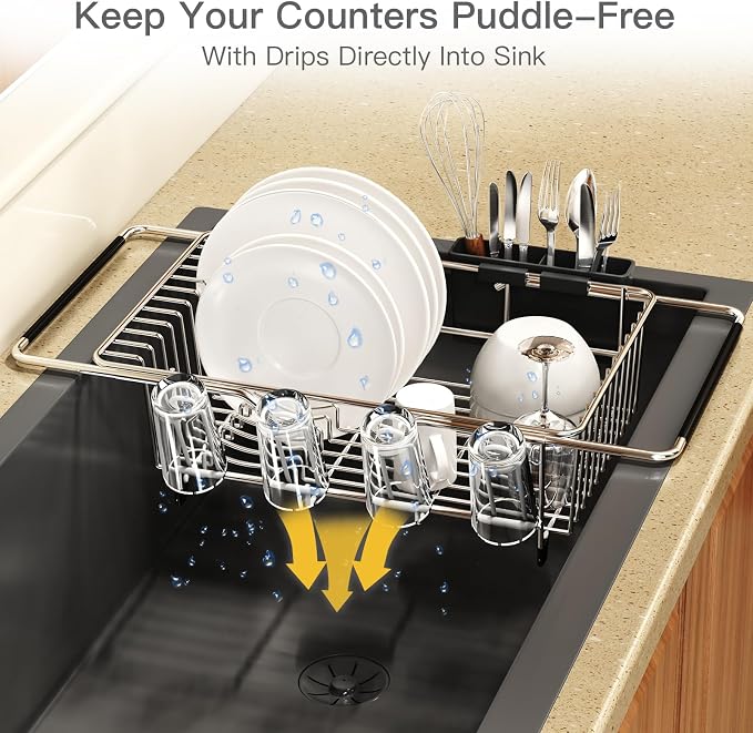 MAJALiS Dish Drying Rack Over The Sink with Adjustable Utensil Holder | Expandable Stainless Steel Dish Drainer for Small Kitchen, Apartment, RV, Counter Space Saving, Perfect Fit, Rustproof