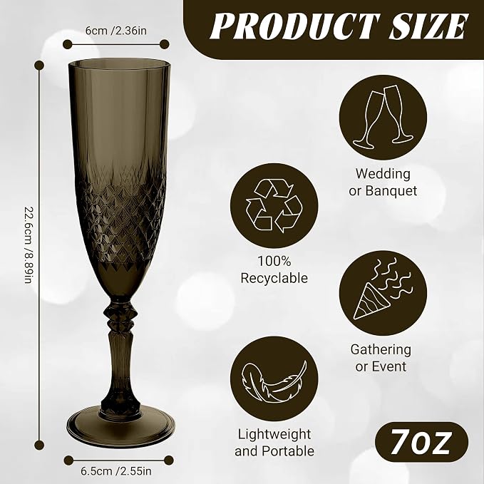 Plastic Champagne Flutes, Champagne Glasses Bulk, Reusable Unbreakable Acrylic Wine Glasses Goblets for Weddings Bachelor Parties Toasting Bridal Shower (12, Black)