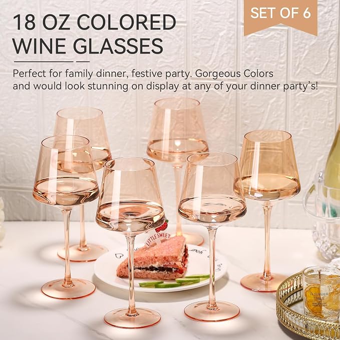 Light peach orange Wine Glasses Set of 6,18oz Blush Pink Wine Glassware Gift Set-Pale peach Hand Blown light peachy-orange Glass Drinkware for Red White Wine