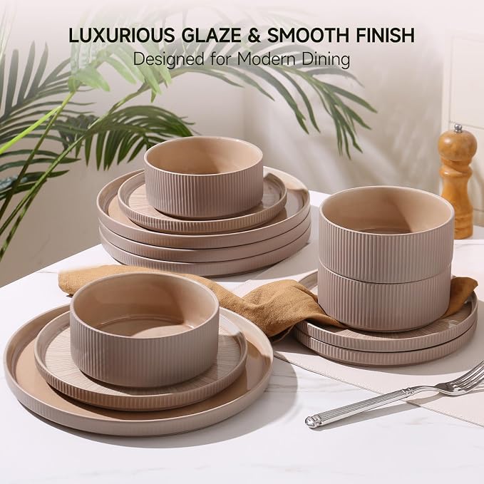 Dinnerware Sets, Ceramic Plates and Bowls Set 12 Piece Dinnerware for 4 Chip Resistant Stoneware, Dishwasher and Microwave Safe-Warm brown