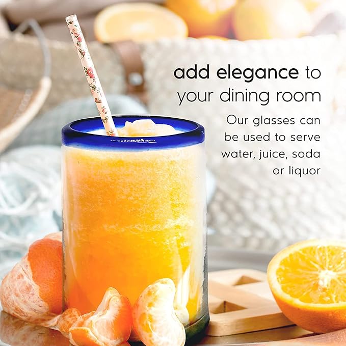 Cobalt Blue Rim 14 oz Drinking Glasses (set of 6), Recycled Glass, Lead-free, Toxin-Free (Drinking)