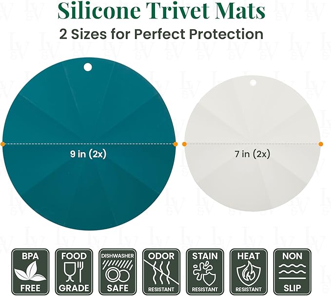 Larder & Vine Silicone Trivets for Hot Pots and Pans | Set of 4 Round Hot Pads for Kitchen | 7” & 9” Trivets for Hot Dishes | Heat-Resistant Silicone Mats for Kitchen Counter | Bondi/French Gray
