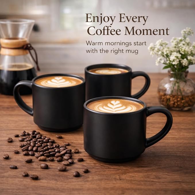 GBhome 14 OZ Coffee Mugs Set of 6, Stackable Ceramic Mugs for Men, Women, Modern Coffee Cups With Stable Base for Latte, Tea, Cappuccino. Dishwasher & Microwave Safe, Matte Black