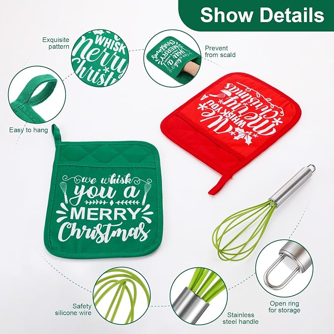 LemonRoad 12 Sets Christmas Whisk Baking Gift Set Xmas Silicone Whisks Oven Mitt Pot Holder Greeting Cards Ribbon Bags for Holiday Kitchen Utensils Cooking Supplies Neighbor Gift(Classic,Red, Green)